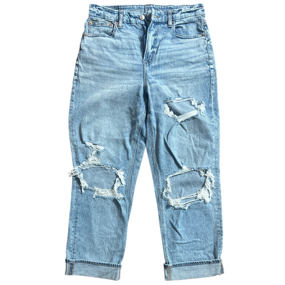 American Eagle Stretch Women Sz 10 Distress Ripped High Rise Straight Blue Jeans